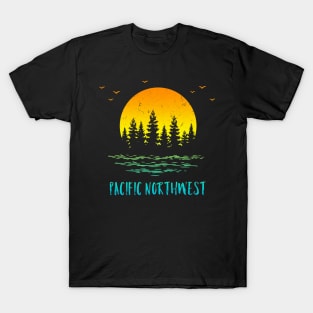 Pacific NW Northwest Sunset Trees Water Birds T-Shirt